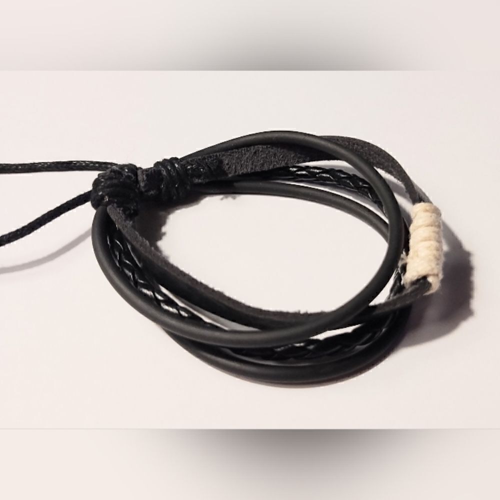 Men's‎ bracelet leather braided layered black new d77